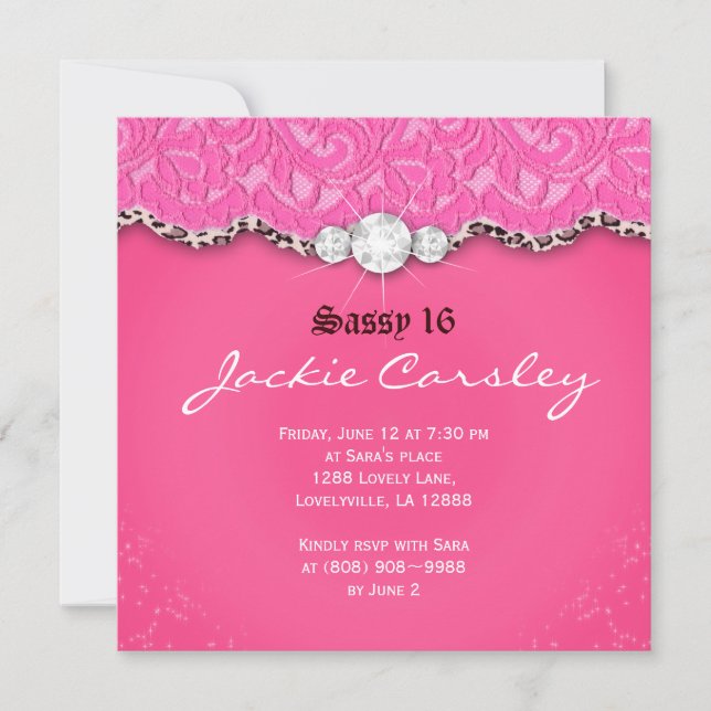 Invitación de fiesta de encaje Sweet 16 Pink Leopa (Anverso)