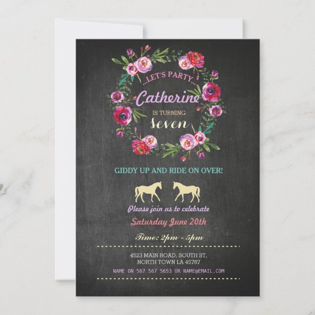 Invitación de fiesta de equitación pony rosa (Anverso)