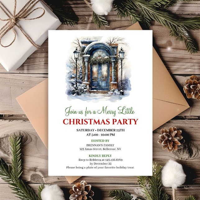 Invitación de fiesta de escena navideña festiva y  (Festive cozy Christmas scene party invitation)