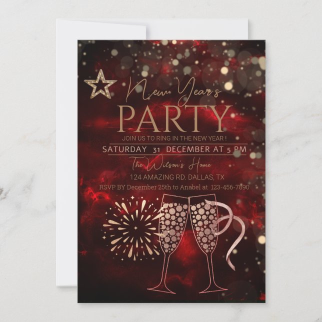 Invitación De Fiesta De Estilo Rojo Para El Año Nu (Anverso)