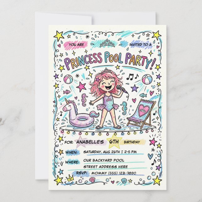 Invitación de fiesta de estrella pop de piscina de (Anverso)