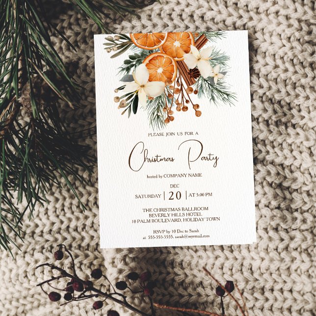 Invitación de fiesta de feriado de Navidades de Of (Office Company Christmas Holiday Party invitation template rustic winter botanical citrus watercolor)