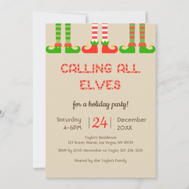 Invitación de fiesta de feriado de Navidades elves (Anverso)