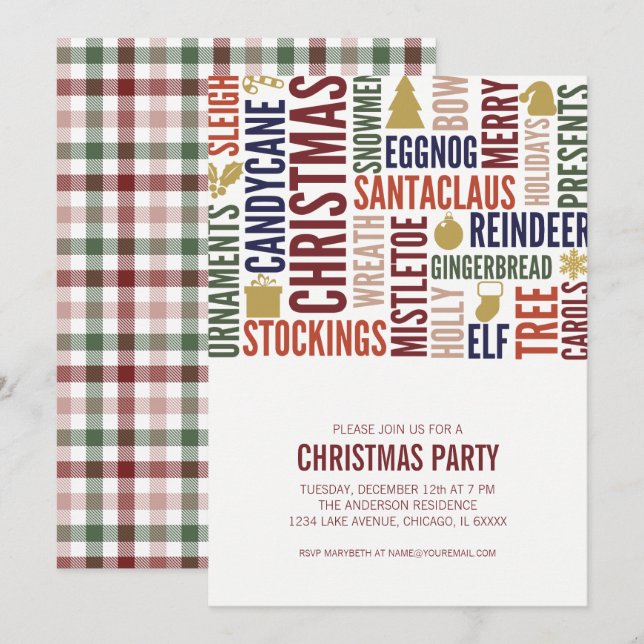 Invitación de fiesta de feriado de palabras navida (Anverso / Reverso)