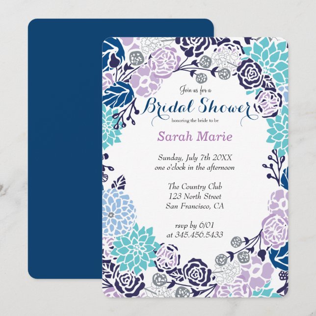 Invitación de fiesta de flor azul floral (Anverso / Reverso)