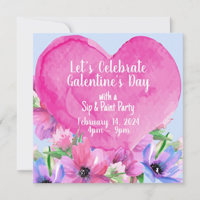 Invitación de fiesta de Floral Heart Galentine (Anverso)