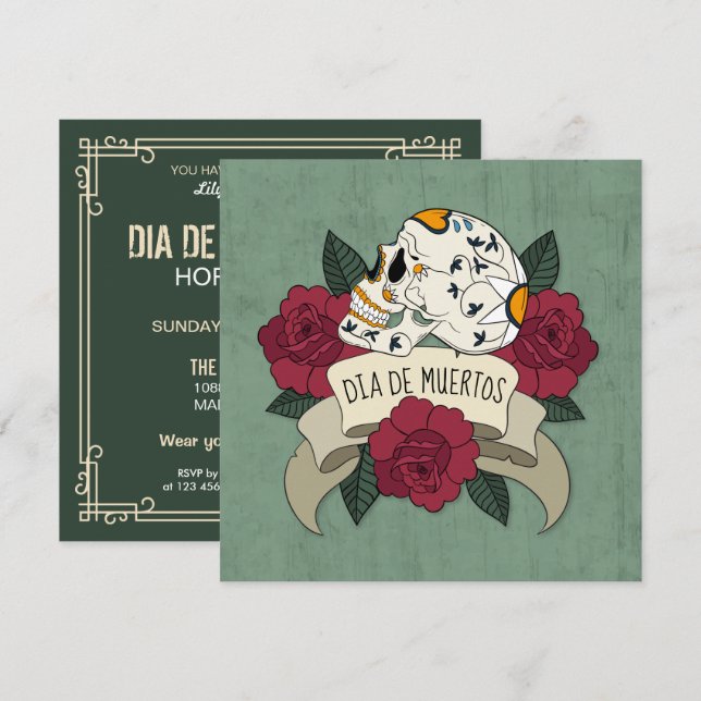 Invitación de fiesta de Floral Skull Dia de los Mu (Anverso / Reverso)