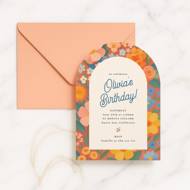 Invitación de fiesta de flores retro boho (Subido por el creador)