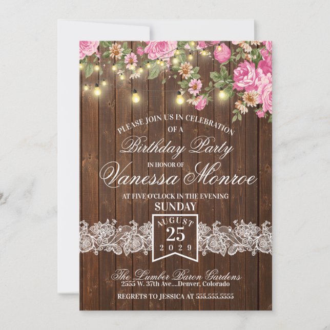 Invitación de fiesta de flores rosadas rústicas (Anverso)
