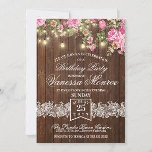 Invitación de fiesta de flores rosadas rústicas