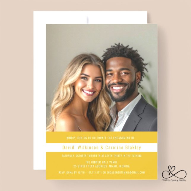 invitación de fiesta de fotos simple y moderna (modern  simple photo minimal gold and white engagement card )