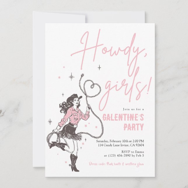Invitación de fiesta de Galentine de Chicas Howdy (Anverso)