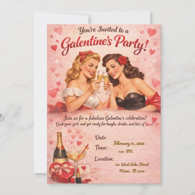 Invitación de fiesta de Galentine’s al estilo pin- (Anverso)