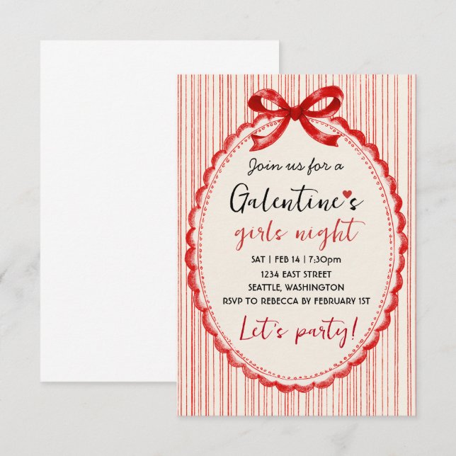 Invitación de fiesta de Galentines con lazo rojo p (Anverso / Reverso)