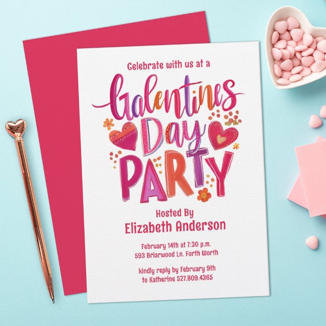 Invitación de fiesta de Galentines Day dibujada a  (A cute and festive "Galentines" Valentines Party Invitation. Personalize it with your information)