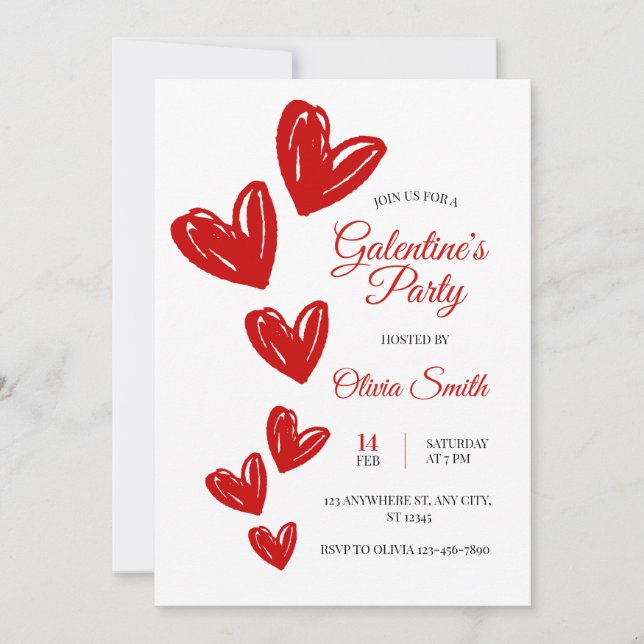 invitación de fiesta de galentines de corazones ro (Anverso)
