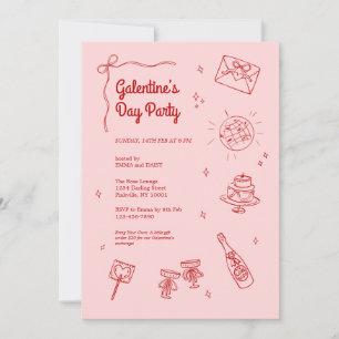 Invitación de fiesta de Galentines rosa y rojo ret