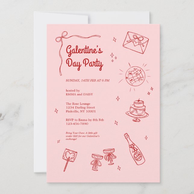 Invitación de fiesta de Galentines rosa y rojo ret (Anverso)