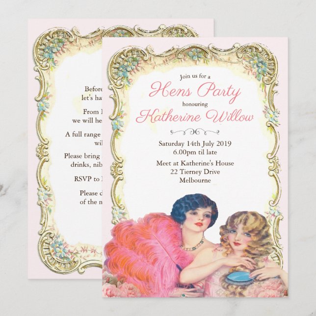 Invitación de fiesta de gallinas victorianas vinta (Anverso / Reverso)