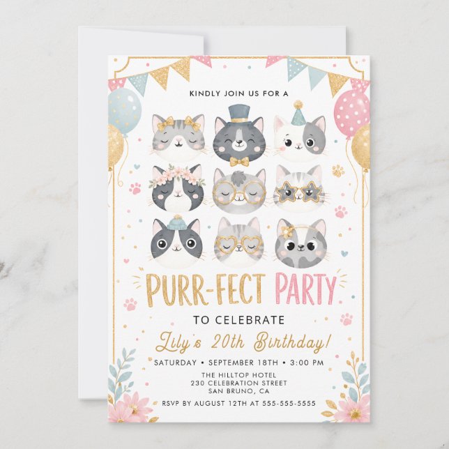 Invitación de fiesta de gatito adorable para niñas (Anverso)