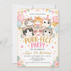 Invitación de fiesta de gatito adorable para niñas