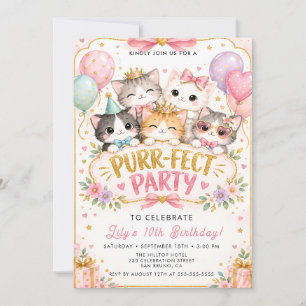 Invitación de fiesta de gatito adorable para niñas