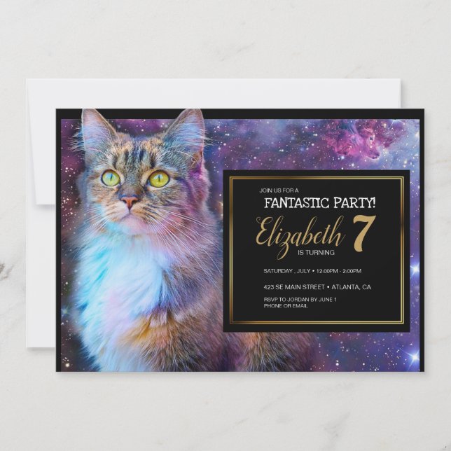 Invitación de fiesta de gato púrpura espacial (Anverso)