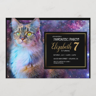 Invitación de fiesta de gato púrpura espacial