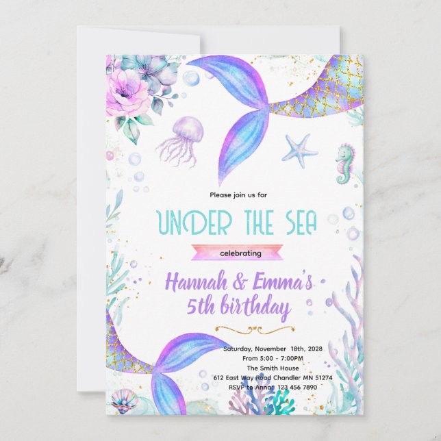invitación de fiesta de gemelas sirena (Anverso)