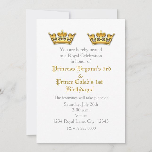 Invitación de fiesta de gemelos coronas de oro Pri (Anverso)