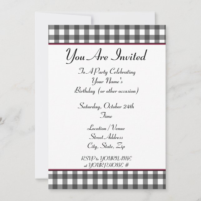 invitación de fiesta de gingham (Anverso)