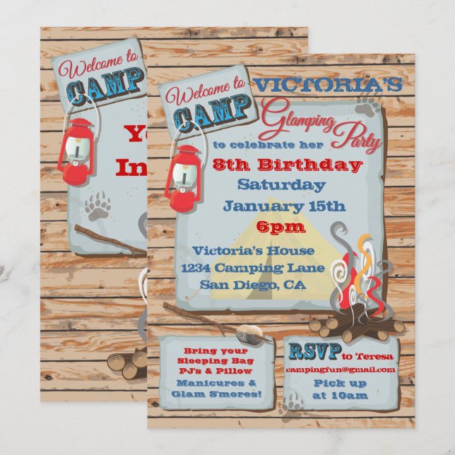 Invitación de fiesta de Glamping Camping (Anverso / Reverso)