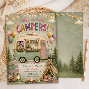 Invitación de fiesta de glamping en verde salvia p