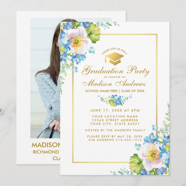 Invitación de Fiesta de Grad con Floral Azul dorad (Anverso / Reverso)