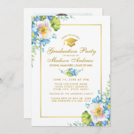 Invitación de Fiesta de Grad con Floral Azul dorad