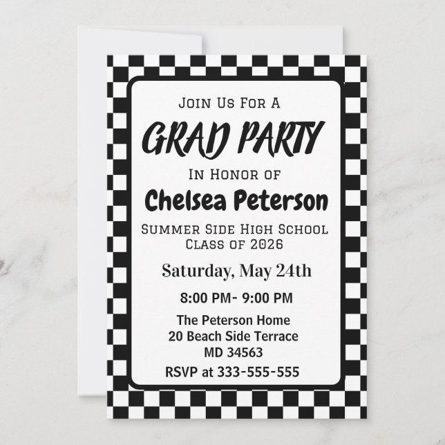 Invitación de fiesta de graduación a cuadros en bl (Anverso)