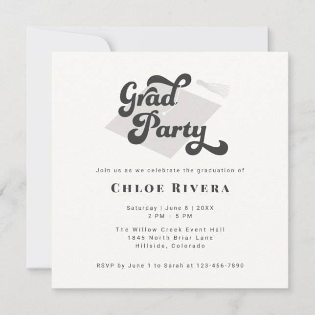 Invitación de fiesta de graduación con borla negra (Anverso)