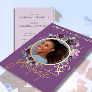 Invitación de fiesta de graduación con flores mora