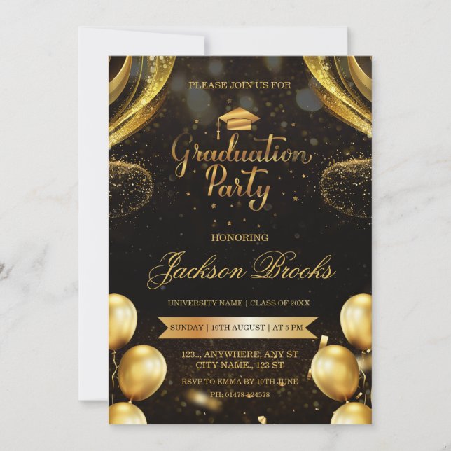 Invitación de fiesta de graduación con globos negr (Anverso)