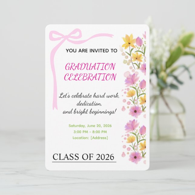 Invitación de fiesta de graduación con lazo rosa (Anverso de pie)
