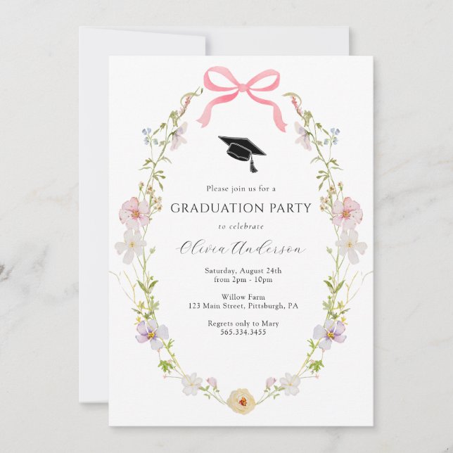Invitación de fiesta de graduación con lazo rosa d (Anverso)