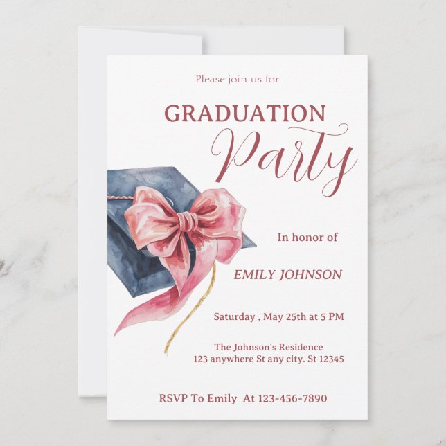 Invitación de fiesta de graduación con lazo rosa e (Reverso)