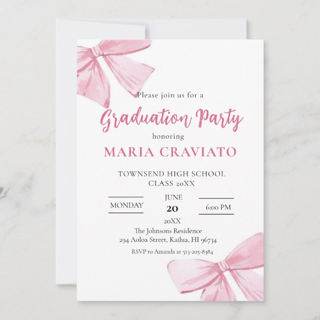Invitación de fiesta de graduación con lazos rosad (Anverso)