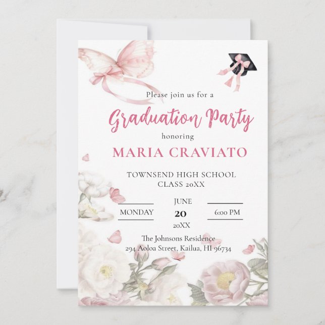 Invitación de fiesta de graduación con mariposas y (Anverso)