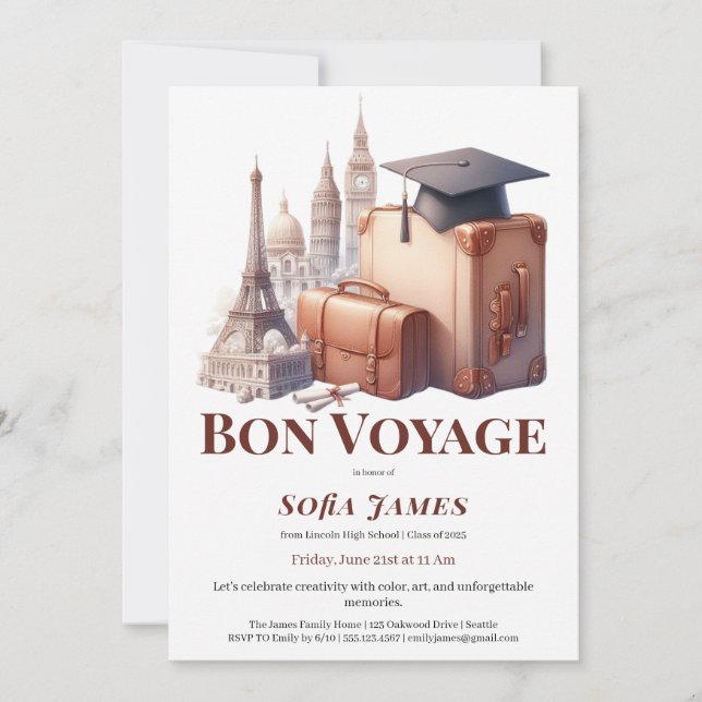 Invitación de fiesta de graduación con tema de via (Anverso)