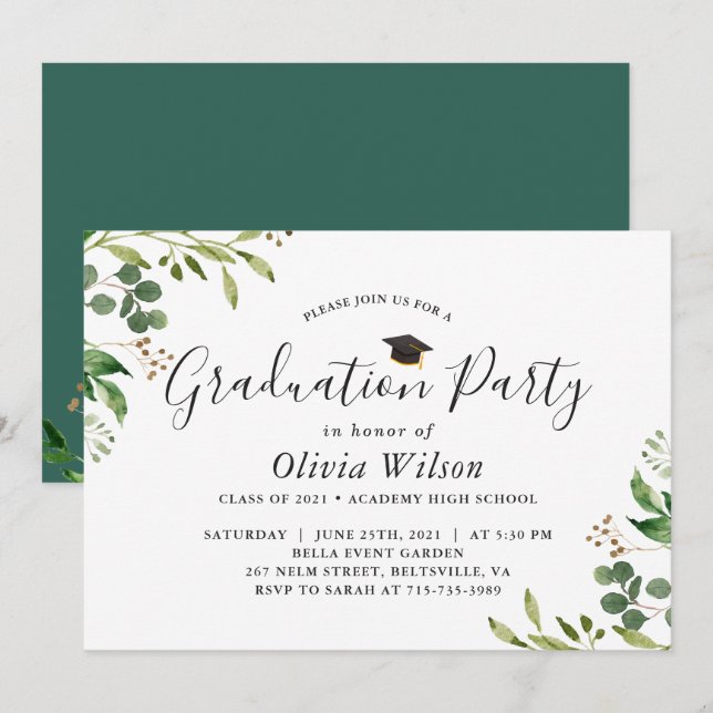 Invitación de fiesta de graduación con vegetación  (Anverso / Reverso)