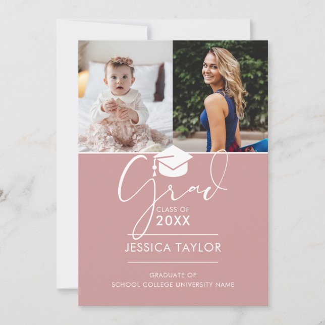 Invitación de fiesta de graduación de foto 2 rosa  (Anverso)
