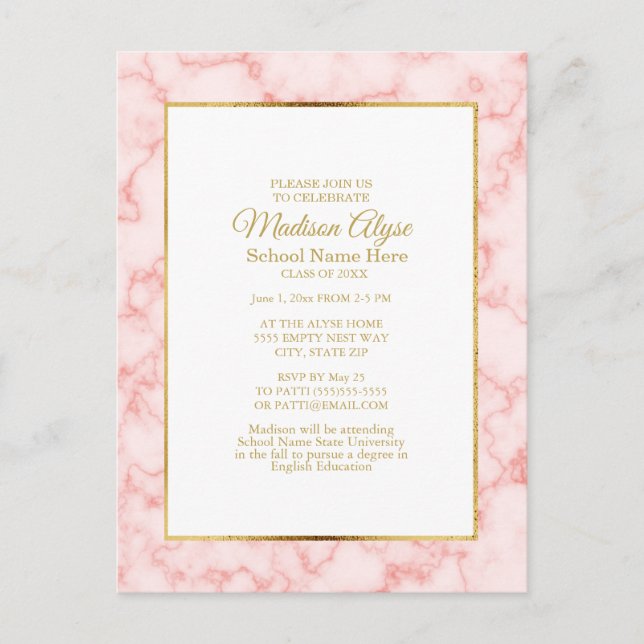 Invitación de fiesta de graduación de mármol rosa  (Anverso)