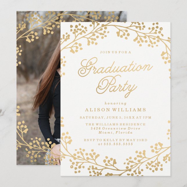 Invitación de fiesta de graduación de oro dorado (Anverso / Reverso)