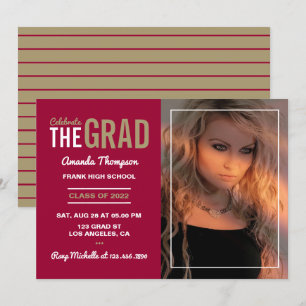 Invitación de fiesta de graduación de rojo y dorad
